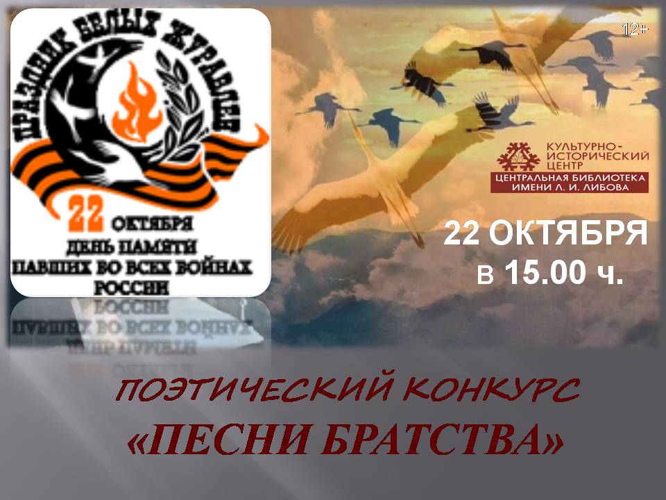 Афиша поэтически конкурс "ПЕСНИ БРАТСТВА" 22 октября день памяти павших во всех войнах России. 22 октября в 15:00 ч. Центральная библиотека имени Л.И. Либова. На изображении птицы в воздухе